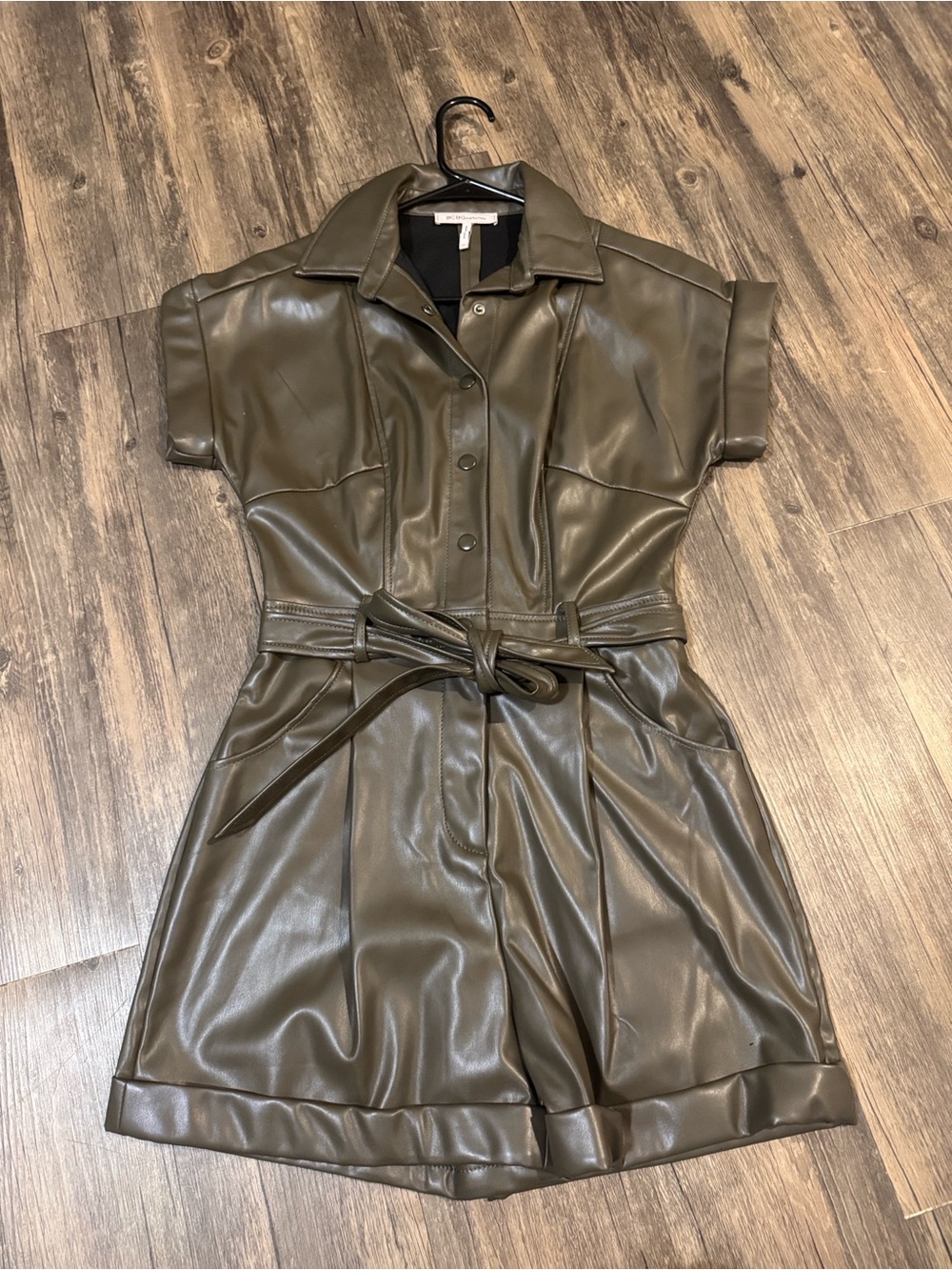 BCBGeneration Faux Leather Olive Green / Khaki Short-Sleeve Belted Romper